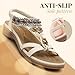 Littleplum Womens Sandals Arch Support Bohemian T-Strap Flower Rhinestone Sandals Women's Non Slip Summer Beach Flat Sandals Cream White Size 10