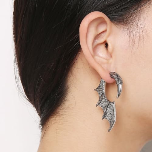 HZMAN Wings Earring for Men Stainless Steel Gothic Punk Retro Dargon Wing Stud Earrings Halloween Jewelry Gift2