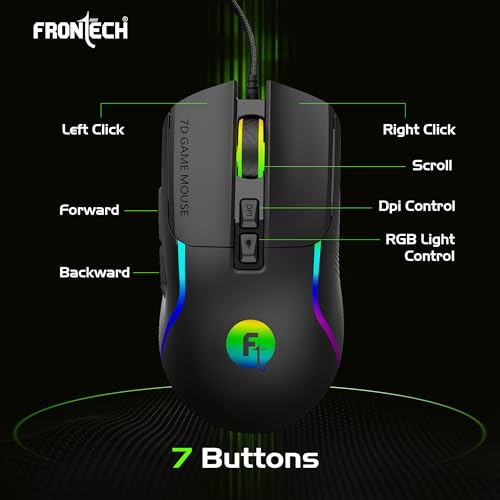 Image of FRONTECH Spectra X Wired Gaming Mouse | 12,800 DPI Adjustable Sensor | 1000Hz Polling Rate | RGB Backlight | 7 Buttons | 1.5m Braided Cable | 1 Year Warranty (MS-0108)