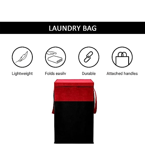 Image of 75L Non Woven Printed Rectangular Foldable Laundry Bag | Clothes Storage Organiser With Lid And Side Handle | Utility Basket For Bedroom Hostel Space Saving Design | Red & Black