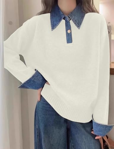 Image of Womens Denim Lapel Sweater Oversized Long Sleeve Button Down Polo Knit Pullover Sweaters 2025 Fall Outfits