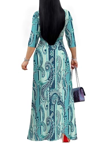 Image of PinkPatty Plus Size Maxi Dress for Women Casual V Neck 3 /4 Sleeve Boho Printed Long Dress with Pockets