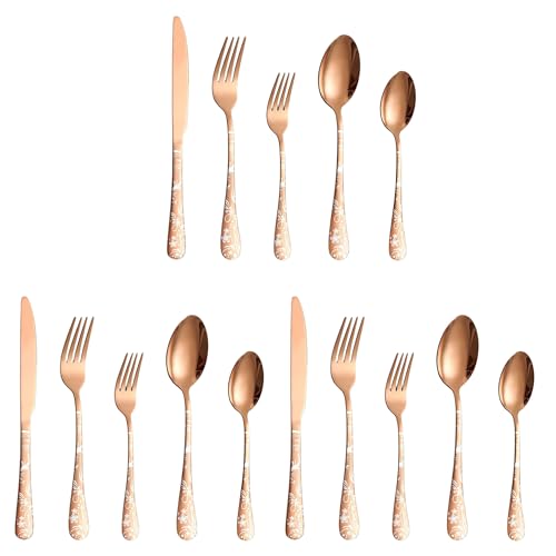 Image of aDai Rosegold Silverware Set | Satin Finish 15-Piece Flatware Set with Unique Floral Printed Handle | Dishwasher Safe Stainless Steel Cutlery for Home, Restaurant & Gifting
