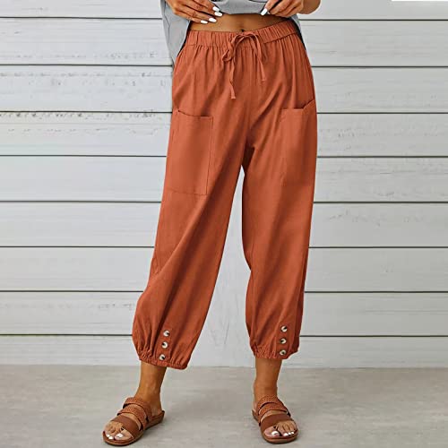 Women's Capri Pants High Waist Drawstring Cinch Bottom With Button Cotton Loose Casual Trouser With Pockets Orange #TOP1