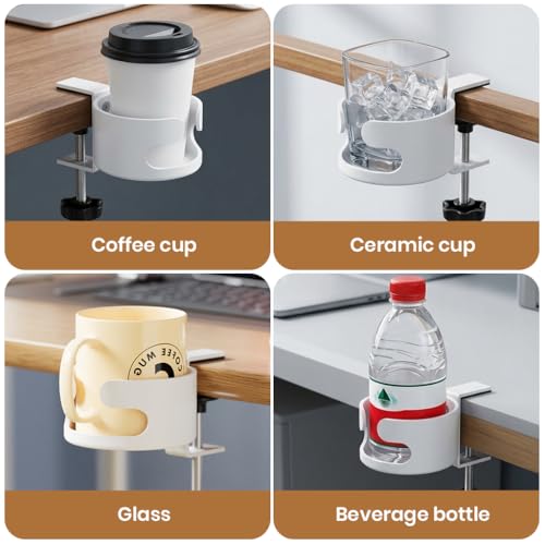 Image of HASTHIP Desk Cup Holder, Adjustable Screw-fix Installation, Spill-Proof Cup Holder, Universal Fit for Most Standard Cup, Drinks, Water Bottle & More, White