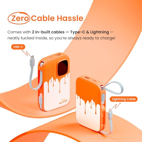 Image of Armor Scoop Power Bank 10000mAh Fast Charging 22.5W | 2 Built-in Cables | 2 Output Ports | Type C Input & Output | Supports Android, Apple, Tablets, Earbuds, Watch | 5 Layer Protection (Orange Burst)
