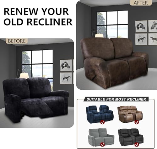 Image of molasofa Loveseat Recliner Slipcover Large Size Oversized - 6 Pieces Stretch Leather Like Recliner Sofa Cover for 2 Seat Dual Reclining Loveseat (Dark Brown)