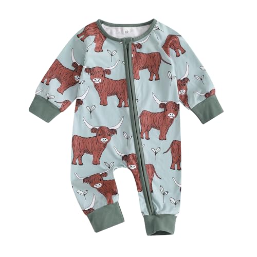 Image of Gueuusu Country Baby Clothes Boy Girl Western Highland Cow Print Long Sleeve Romper Zipper One Piece Jumpsuit Fall Outfit