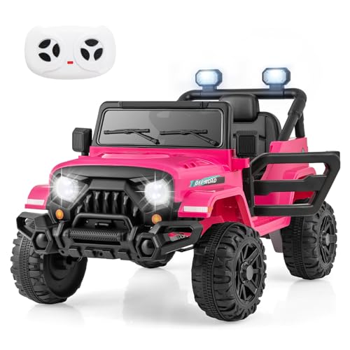 Maxmass 12V Kids Electric Ride on Car, Battery Powered Electric Vehicle with Remote Control, Lights, Music, Horn, Wireless Connection, Children Toy Car Off Road Truck for 3+ Years Old (Pink)