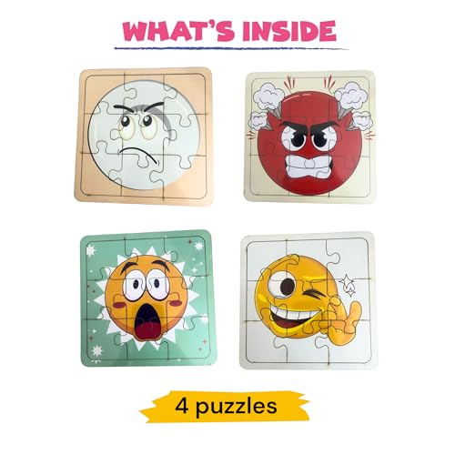 Image of Set of 4 Wooden Jigsaw Puzzles (9 Pieces Each) for Kids 2+ Years | Emotions Puzzle Game for Toddlers | Montessori Early Learning Brain Teaser Toy | Educational Gift for Boys & Girls