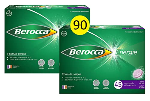 Berocca Energie Comprimés Effervescents, Vitamine C, B3, B5, B1, B12, Magnésium, Zinc, goût Cassis, 2 Pack de 45 comprimés - 3 mois de programme Cover