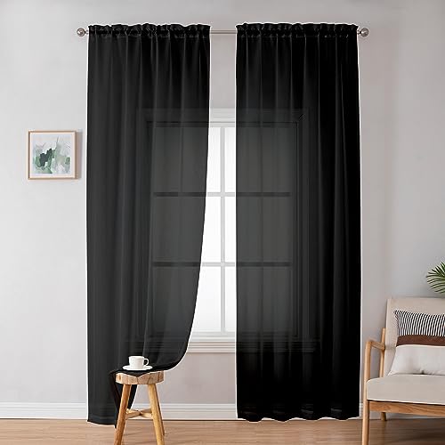 Image of Simplebrand Black Sheer Curtains 72 Inches Long 2 Panels for Living Room, Rod Pockets Airy Window Treatments Voile Sheer Black Curtains Panels Lightweight for Front Back Patio Glass Door, 42 inch Width