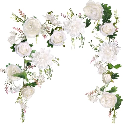 OrgMemory Peony Garland, Rose Flower Vine, 6' Floral Garland for Wedding Decor Home Table Runner Mantle Decoration (Ivory Peony Garland)