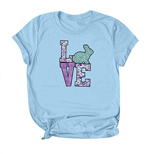 Preisvergleich Produktbild Osterkostüm Kurzarm Oberteile Casual Damen Kaninchenmuster Rundhalsausschnitt Einfarbdruck Lose Übergröße T-Shirt Tops Tees Blusen Nähoberteil (B-Himmelblau, 5XL)