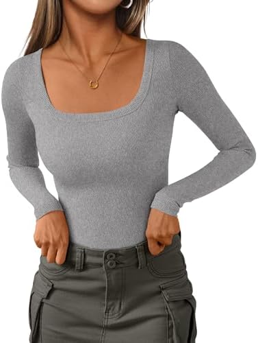 PRETTYGARDEN Long Sleeve Shirts for Women Fall Clothes 2025 Ribbed Basic Tees Scoop Neck Going Out Tops Fashion Clothing