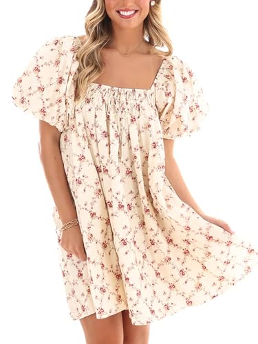 Image of Women Y2k Puff Sleeve Babydoll Dresses Square Neck Tie Back Mini Dress Summer Solid Off Shoulder Flowy Sundress