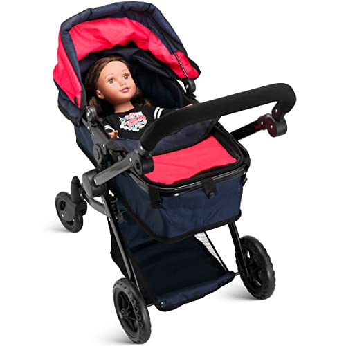 Hushlily® My First Baby Doll Deluxe Stroller In Red And Navy Blue For Toddlers And Kids, Bassinet Stroller With Convertible Seat, Swiveling Wheels, Adjustable Handle And Storage Basket #TOP1