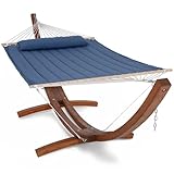 SUNCREAT Hammocks Double Hammock with 13.5 ft Wooden Stand Included, Outdoor Hammocks for Outside, 475 lbs Capacity, Blue