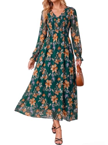 Simplee Womens Long Sleeve Floral Wedding Guest Boho Maxi Dress,Green XL