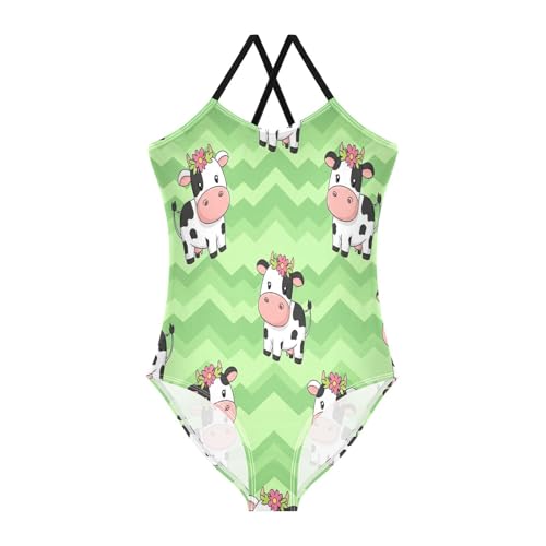 Cute Cartoon Cows Green Girls' Swimwear with Adjustable Shoulder Strap, Beach Apparel, 3-10
