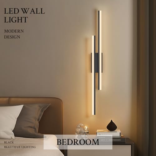 Image of LED Wall Sconce Black Modern Remote Wall Light Fixtures for Living Room, Dimmable LED Vanity Light Indoor Remote Wall Sconce for Bedside Bedroom Bathroom Dining Room, L39.4inch 1 Pack