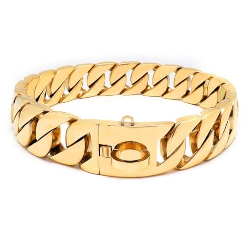 Goldfarbenes Hundehalsband, 32mm, Kubanisches Gliederhalsband mit Sicherer Schnappschnalle, 18 Karat Edelstahl, Für Alle Rassen, Mittelgroße Und Große Hunde(Gold,65cm)