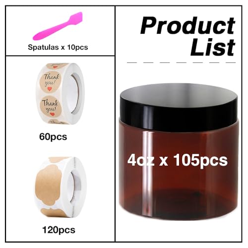 4 oz Plastic Containers with Lids 105pcs Amber Plastic Jars with Lids 4 Ounce Containers Travel Size Jars– Great for Lip Scrub, Body Butters, Cream, Slime, Craft Storage4
