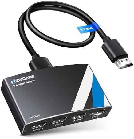 NEWCARE HDMI Splitter 1 in 4 Out [ with 4 Ft HDMI 2.0 Cable and Power Adapter], Aluminum Alloy 4Kx2K@30Hz 1×4 HDMI Splitter Mirror 1 Source Screen to 4 Monitors/TV, Not Support Extend Screen
