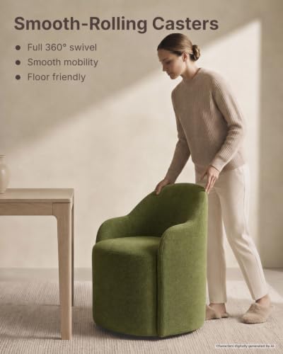 Image of KISLOT Upholstered Dining Chairs Set of 1 with Caster, Pre-Assembled, Green | Modern Dining Room Chairs with Wheels, Rolling Vanity Chair with Round Backrest for Kitchen, Bedroom, Dressing, Linen Fabric
