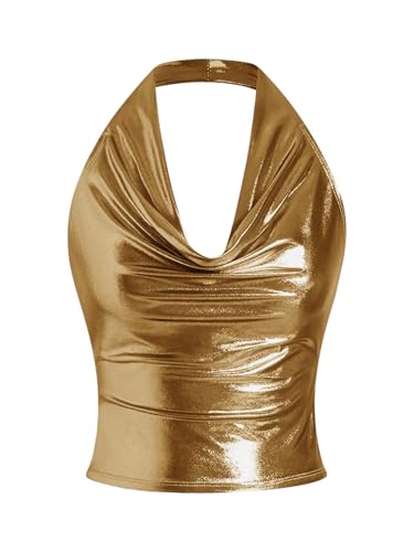 SOLY HUX Women's Halter Crop Tops Y2k Metallic Cowl Neck Open Back Concert Going Out Top Streetwear Pure Gold Medium