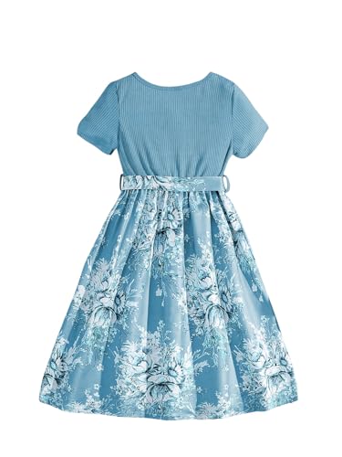 OYOANGLE Girl's Summer Casual Dress Short Sleeve Bow Belted A-Line High Waist Smocked Short Dress2