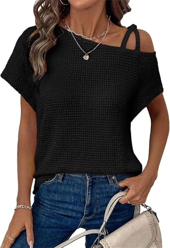 T-shirt en tricot col asymétrique chic et décontracté à manches courtes pour femme