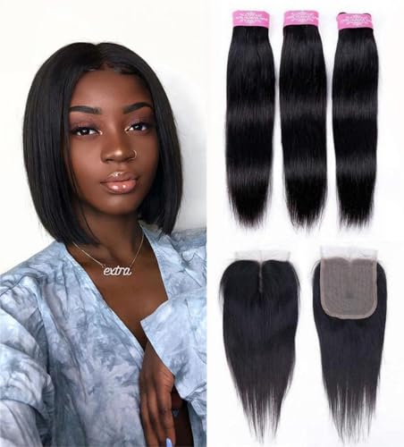 Sexycat Straight Bundles with 4x4 T Part Lace Closure Human Hair 10 10 10+10 Inch 100% Unprocessed Brazilian Virgin Hair Extensions Weave Weft Bundles with T Part Closure