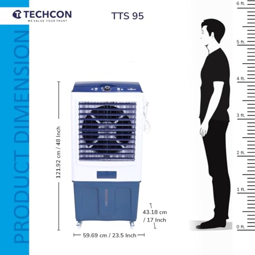 Image of TTS 95 Air Cooler for Home & Office | 90L Large Water Tank | 16-Inch Plastic Fan Blade | 3-Side Honeycomb Cooling | Auto Swing | Ice Chamber | High-Performance Aluminium Motor | Blue & White