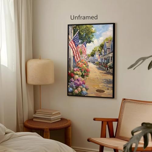 Image of American Flag Canvas Wall Art, 4th of July Patriotic Poster Print, USA Flag Colonial Scenery Floral Picture, Farmhouse Independence Day Wall Decor for Bedroom Living 24x36in Unframed