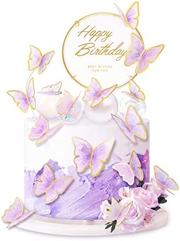 11-Pieces Purple Gold Butterfly Cake Toppers Happy Birthday Metal Gold Happy Birthday Cake Topper Butterfly Birthday Cake Decorations Cake Butterfly Party Decorations