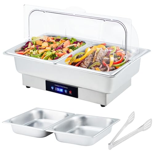 Garvee Electric Chafing Dish Buffet Set, 9 QT Stainless Steel Food Warmer with Temperature Control & Transparent Roll Top Lid, Catering Server for Parties, Banquets, Buffets, Keeping Food Wa