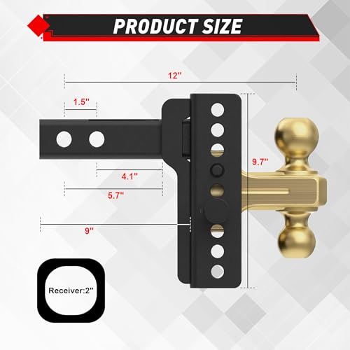Image of TYT Adjustable Truck Trailer Hitch for 2 inch Receiver, 6 inch Drop /Rise Tow Hitch with Dual Balls (2 inch & 2-5 /16 inch), 14,000 lbs GTW, 1,400 lbs TW, Includes Two Pin Locks & Hitch Tightener