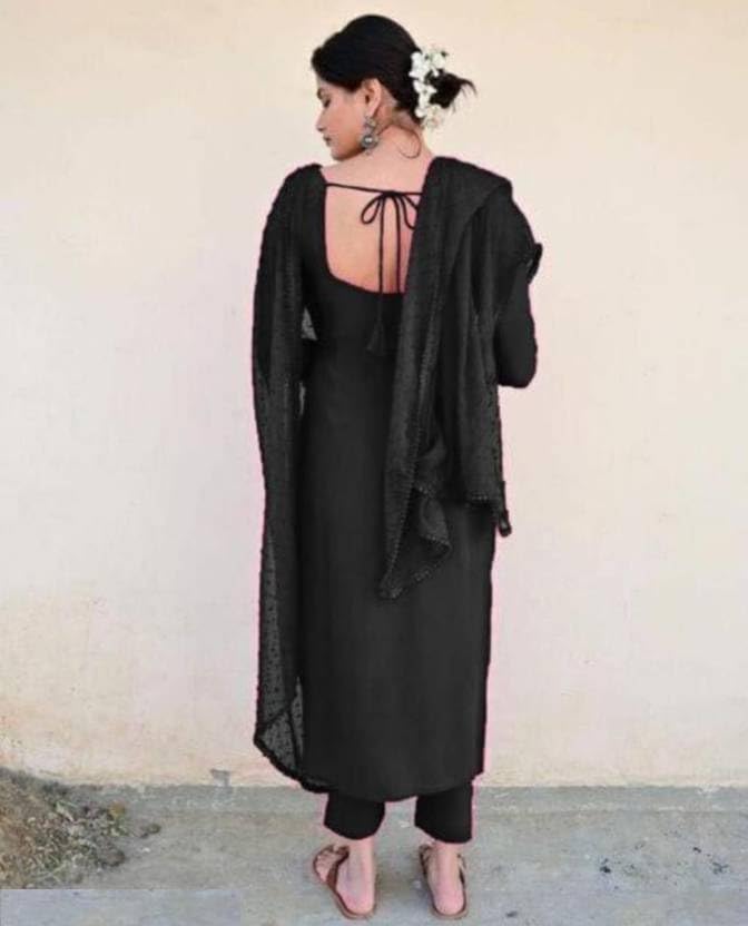 Image of Anveri Textiles Women's Cotton Blend Kurti with Square Neck Long Sleeves Solid Pattern A Line Style Ankle Length and Dupatta Set