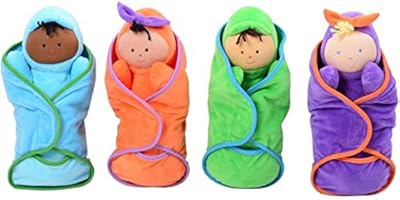 Constructive Playthings Swaddle Soft Baby Doll Toys with Matching Pockets, Multicultural Dolls, Daycare Essentials, Circle Time, Hook and Loop Closure, All Ages, Multicolor, Set of 4