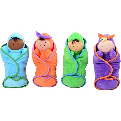 Constructive Playthings Swaddle Soft Baby Doll Toys with Matching Pockets, Multicultural Dolls, Daycare Essentials, Circle Time, Hook and Loop Closure, All Ages, Multicolor, Set of 4