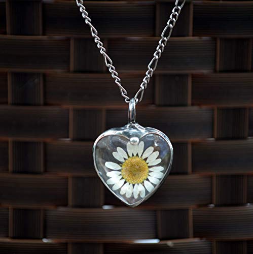 Handmade Real Pressed Flower Daisy Heart Pendant Necklace For Women - Glass Jewelry, Not Resin Won't Yellow, #TOP2