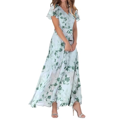 Women's Chiffon Floral Maxi Dress - Summer Elegant Boho Long Flowy Dresses Ruffle Sleeves V Neck Vacation Beach Outfit Wedding Guest Engagement Cocktail Party
