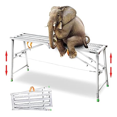 Daxiang Portable Scaffolding Platform 55(L) x15(W) x27-43(H)'' Work Platform Adjustable Height Steel 600 LBS Load Capacity Folding Step Ladder Drywall Painting Stool Cover