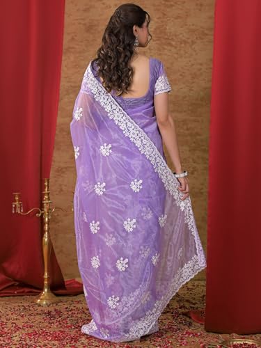 Image of Satrani Women's Net Embroidery Saree with Unstitched Blouse Piece