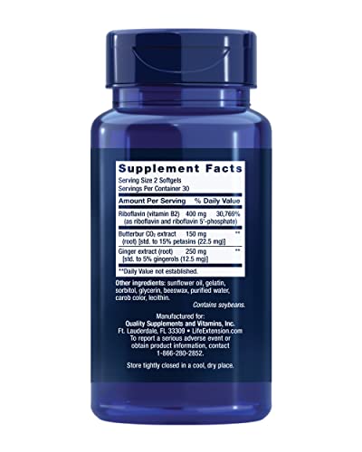 Life Extension Migra-Eeze - Butterbur Root Extract With Vitamin B2 (Riboflavin) & Ginger Supplement - Formula To Ease Head Discomfort - Gluten-Free — 60 Softgels #TOP1