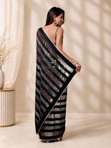 Image of TRENDMALLS Women's Georgette Embroidery Sequence Work Saree With Unstitched Blouse Piece