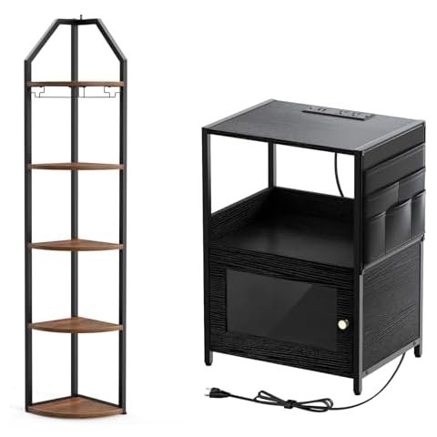 SAUCE ZHAN End Table with Charging Station and 5 Tier Rustic Corner Shelf for Living Room, Bedroom, Office Cover