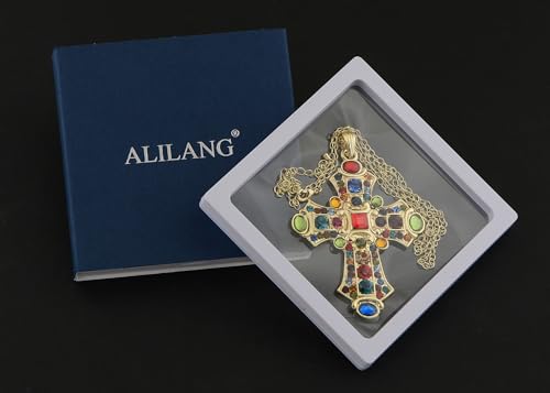 Image of Alilang Ornate Antique Golden Tone Colorful Rhinestone Cross Pendant Necklace