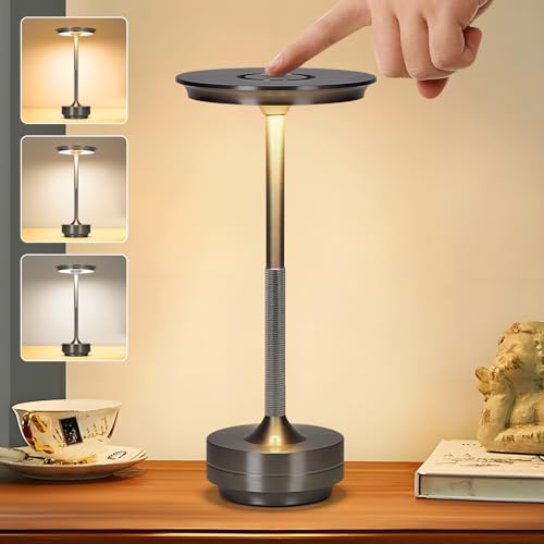 Cordless Table Lamp,Wireless LED Table Lamp Rechargeable for Indoor Outdoor,3 Color Stepless Dimming Night Light Touch Lamp,Battery Operated Table Lamps,Protable Desk Lamp for Home Restaurant Patio